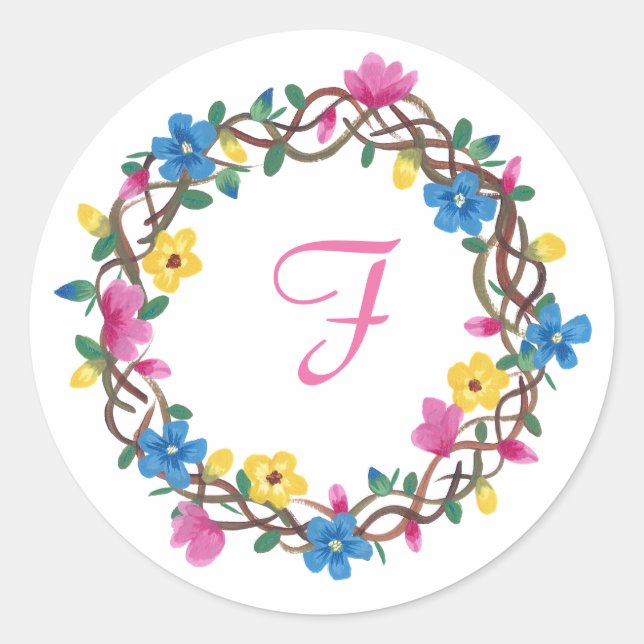 Colourful Flowers Round Frame Monogram Stickers (Front)
