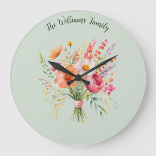 Colourful Flowers Rustic Floral Pretty Personalise Large Clock