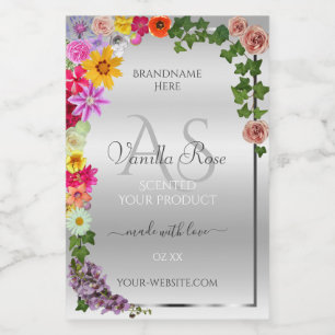 Colourful Flowers Silver Monogrammed Product Label