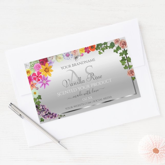 Colourful Flowers Silver Monogrammed Product Label (Envelope)