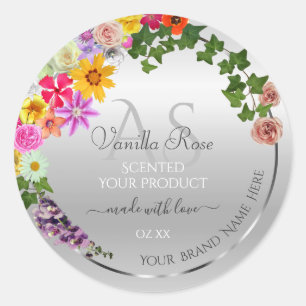 Colourful Flowers Silver Monogrammed Product Label