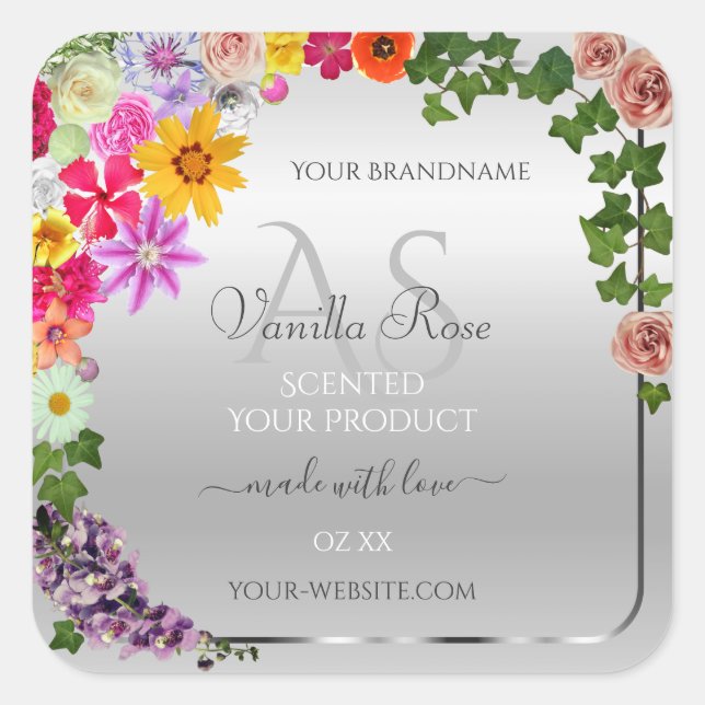 Colourful Flowers Silver Monogrammed Product Label (Front)