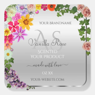 Colourful Flowers Silver Monogrammed Product Label