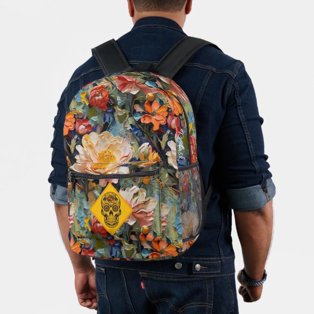 Colourful Flowers Sugar Skull: Day of the Dead Printed Backpack (Insitu (Model))