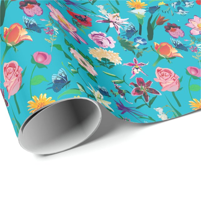 Colourful Flowers Turquoise Background Wrapping Paper (Roll Corner)