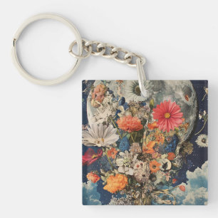 Colourful Flowers Under Full Moon Key Ring