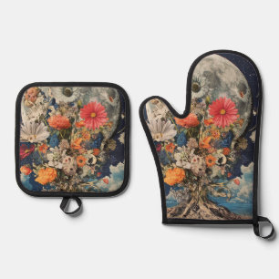 Colourful Flowers Under Full Moon Oven Mitt & Pot Holder Set