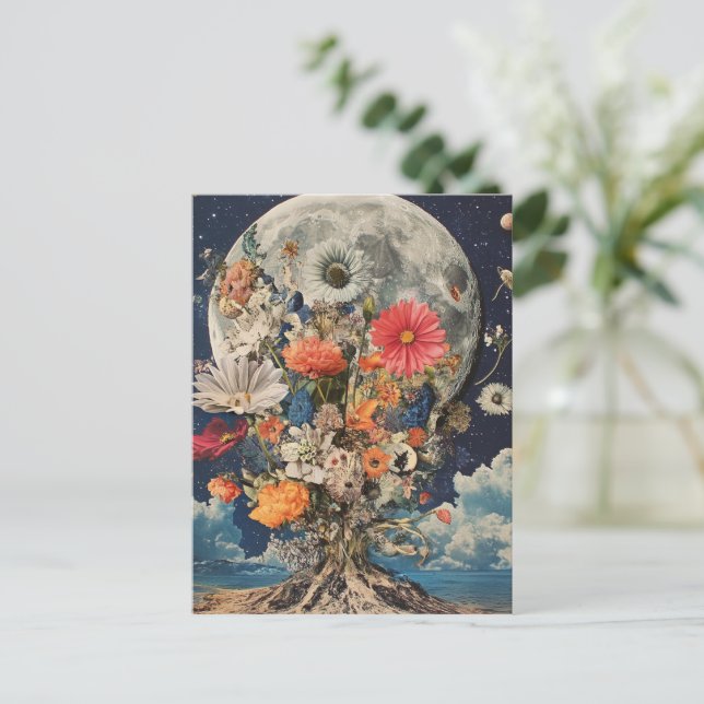 Colourful Flowers Under Full Moon Postcard (Standing Front)