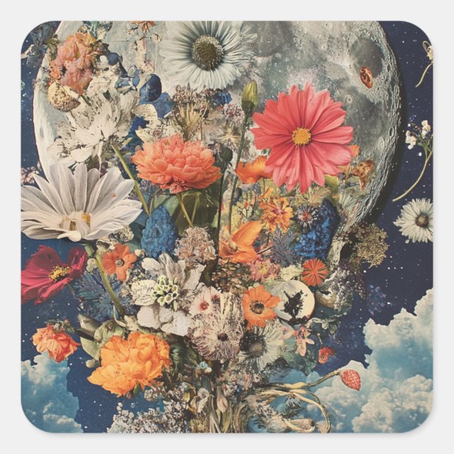 Colourful Flowers Under Full Moon Square Sticker (Front)