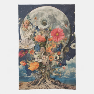 Colourful Flowers Under Full Moon Tea Towel