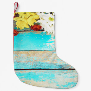 Colourful flowers, vintage wooden border. small christmas stocking