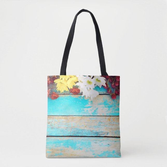 Colourful flowers, vintage wooden border. tote bag (Front)