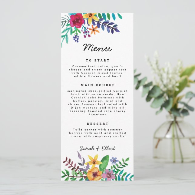 Colourful Flowers Wedding Flat Menu (Standing Front)