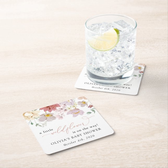 Colourful Flowers, Wildflowers, Boho, Baby Shower Square Paper Coaster (Insitu)