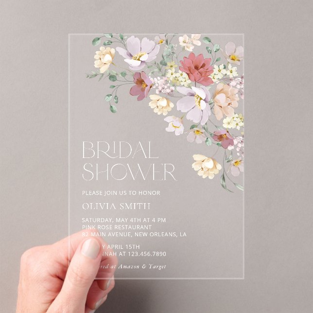 Colourful Flowers, Wildflowers, Boho, Bridal Showe Acrylic Invitations (Insitu (Handheld))