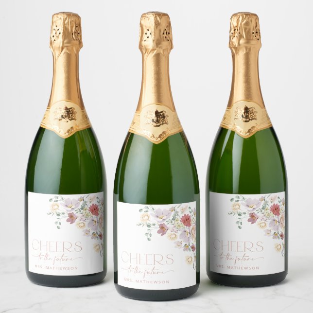 Colourful Flowers, Wildflowers, Boho, Bridal Showe Sparkling Wine Label (Bottles)