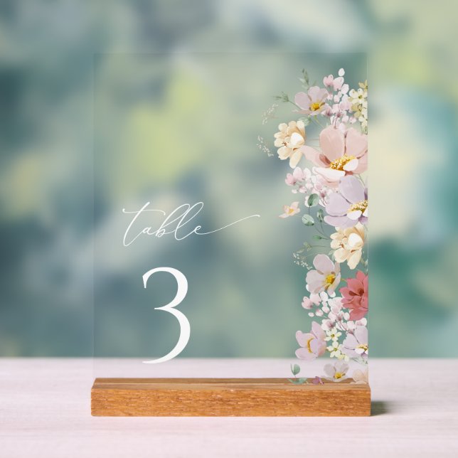 Colourful Flowers, Wildflowers, Boho, Table Number Acrylic Sign (Neutral)