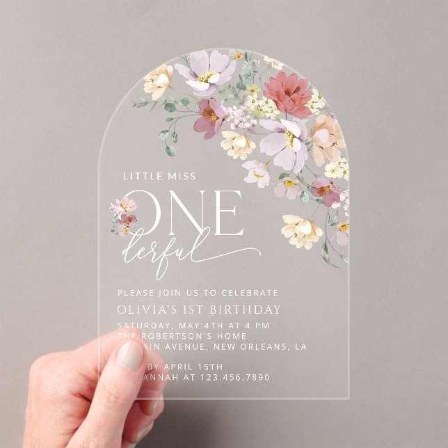 Colourful Flowers, Wildflowers, First Birthday Acrylic Invitations (Insitu (Handheld))