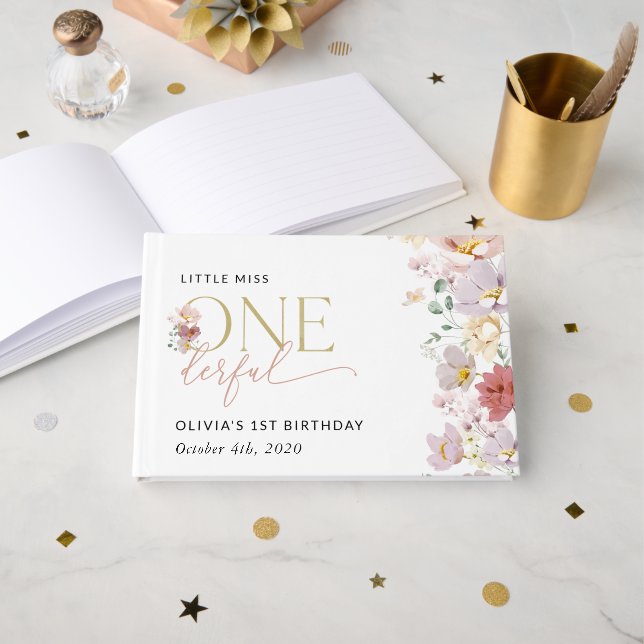 Colourful Flowers, Wildflowers, First Birthday Guest Book (Front Open)