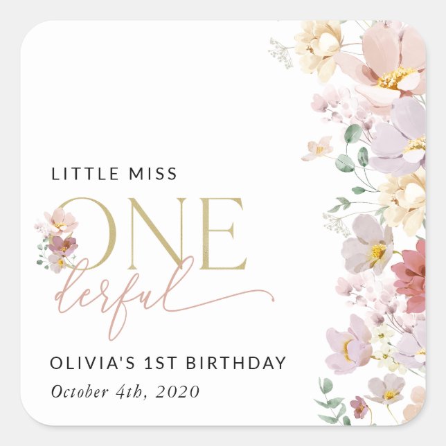Colourful Flowers, Wildflowers, First Birthday Square Sticker (Front)