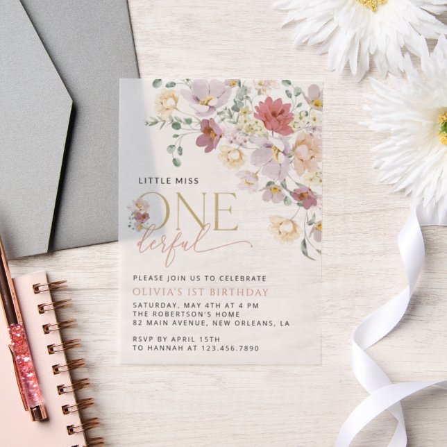 Colourful Flowers, Wildflowers, First Birthday Vellum Invitations (Wedding)