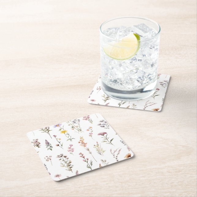 Colourful Flowers, Wildflowers, Garden Flowers Square Paper Coaster (Insitu)