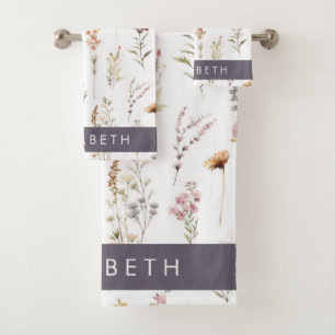 Colourful Flowers, Wildflowers, Greenery, Your Nam Bath Towel Set