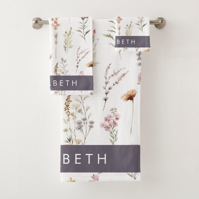 Colourful Flowers, Wildflowers, Greenery, Your Nam Bath Towel Set (Insitu)