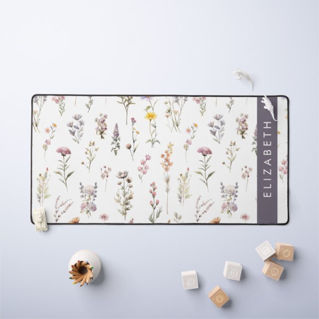 Colourful Flowers, Wildflowers, Greenery, Your Nam Desk Mat (Kids Table)