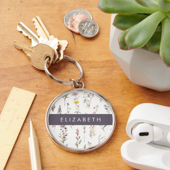 Colourful Flowers, Wildflowers, Greenery, Your Nam Key Ring (Desk)