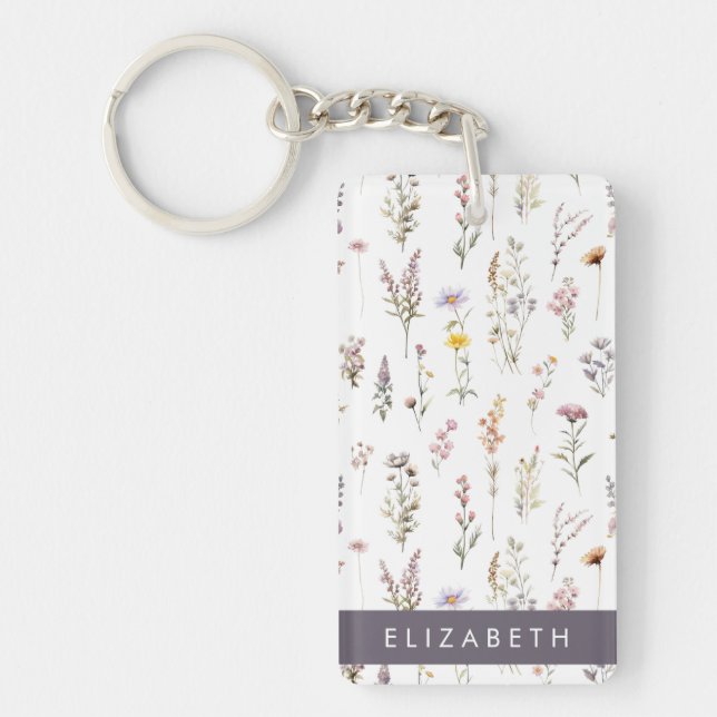 Colourful Flowers, Wildflowers, Greenery, Your Nam Key Ring (Front)