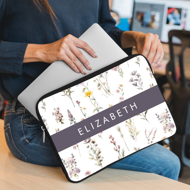 Colourful Flowers, Wildflowers, Greenery, Your Nam Laptop Sleeve (Creator Uploaded)