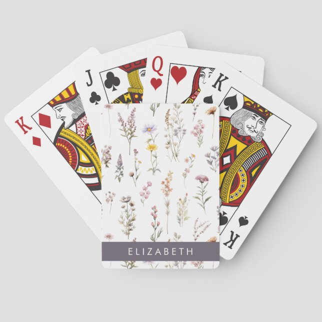 Colourful Flowers, Wildflowers, Greenery, Your Nam Playing Cards (Back)
