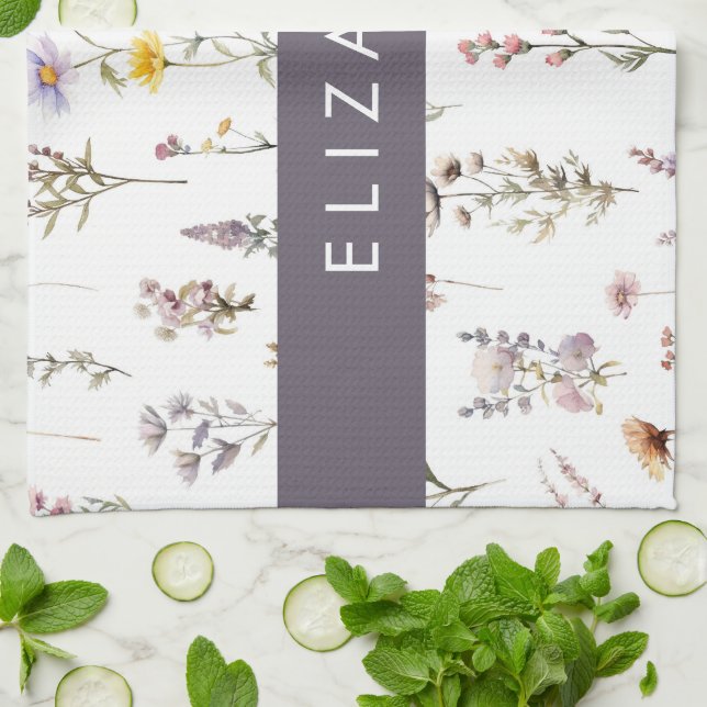 Colourful Flowers, Wildflowers, Greenery, Your Nam Tea Towel (Folded)