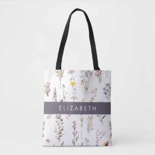 Colourful Flowers, Wildflowers, Greenery, Your Nam Tote Bag