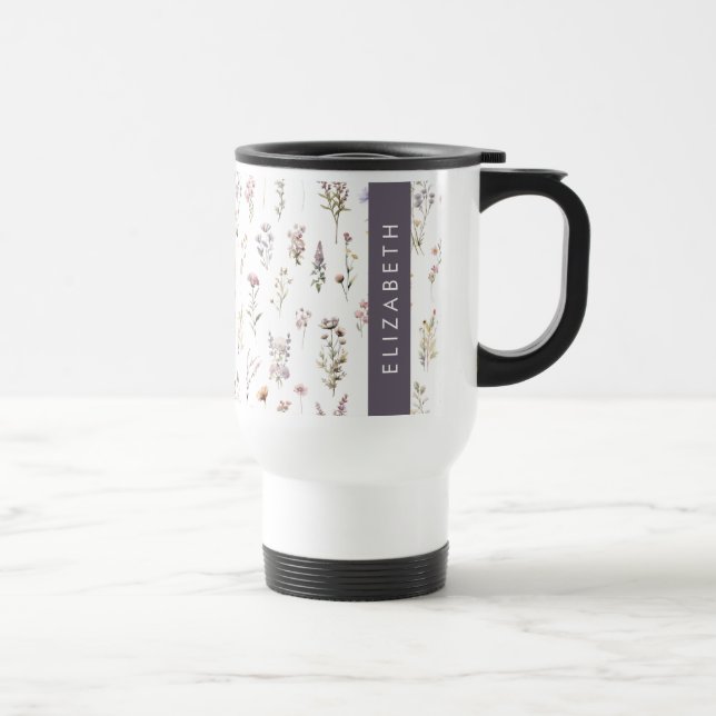 Colourful Flowers, Wildflowers, Greenery, Your Nam Travel Mug (Right)