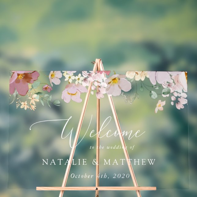 Colourful Flowers, Wildflowers, Wedding Welcome Acrylic Sign (Neutral)