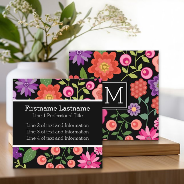 Colourful Flowers with Black Background Monogram Square Business Card (square printed custom business card)