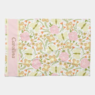 Colourful Flowers With Butterflies Pattern Name Tea Towel