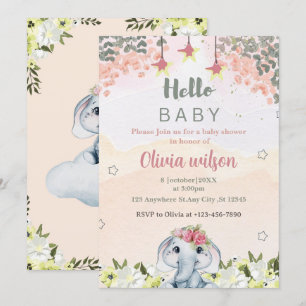 colourful flowers with cute elephant party invitation