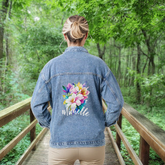 Colourful Flowers with Name Denim Jacket