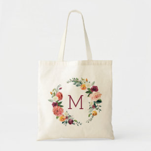 Colourful flowers wreath monogram tote bag