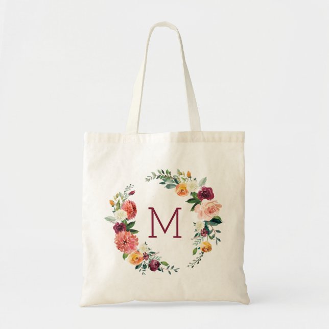 Colourful flowers wreath monogram tote bag (Front)