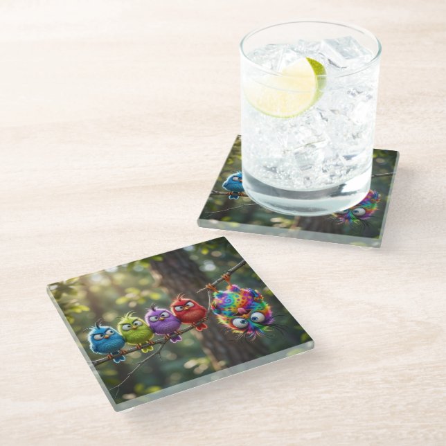 Colourful Fluffy Birdies Glass Coaster (Angled)