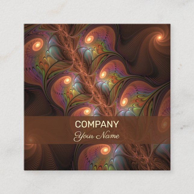 Colourful Fluorescent Abstract Brown Fractal Art Square Business Card (Front)