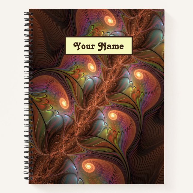 Colourful Fluorescent Abstract Brown Fractal Name Notebook (Front)