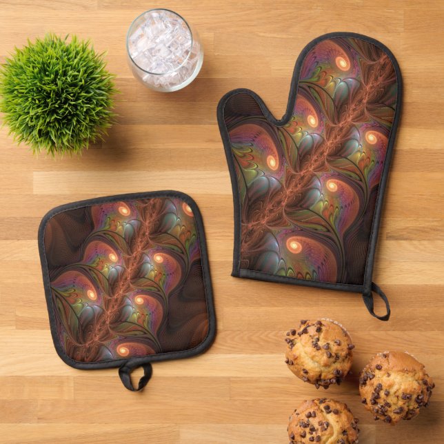Colourful Fluorescent Abstract Modern Brown Fracta Oven Mitt & Pot Holder Set (Top Down)