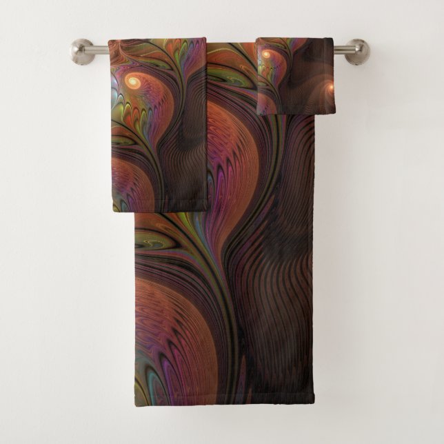 Colourful Fluorescent Abstract Trippy Brown Fracta Bath Towel Set (Insitu)