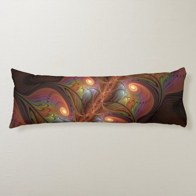 Colourful Fluorescent Abstract Trippy Brown Fracta Body Cushion (Front)