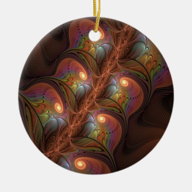 Colourful Fluorescent Abstract Trippy Brown Fracta Ceramic Tree Decoration (Front)